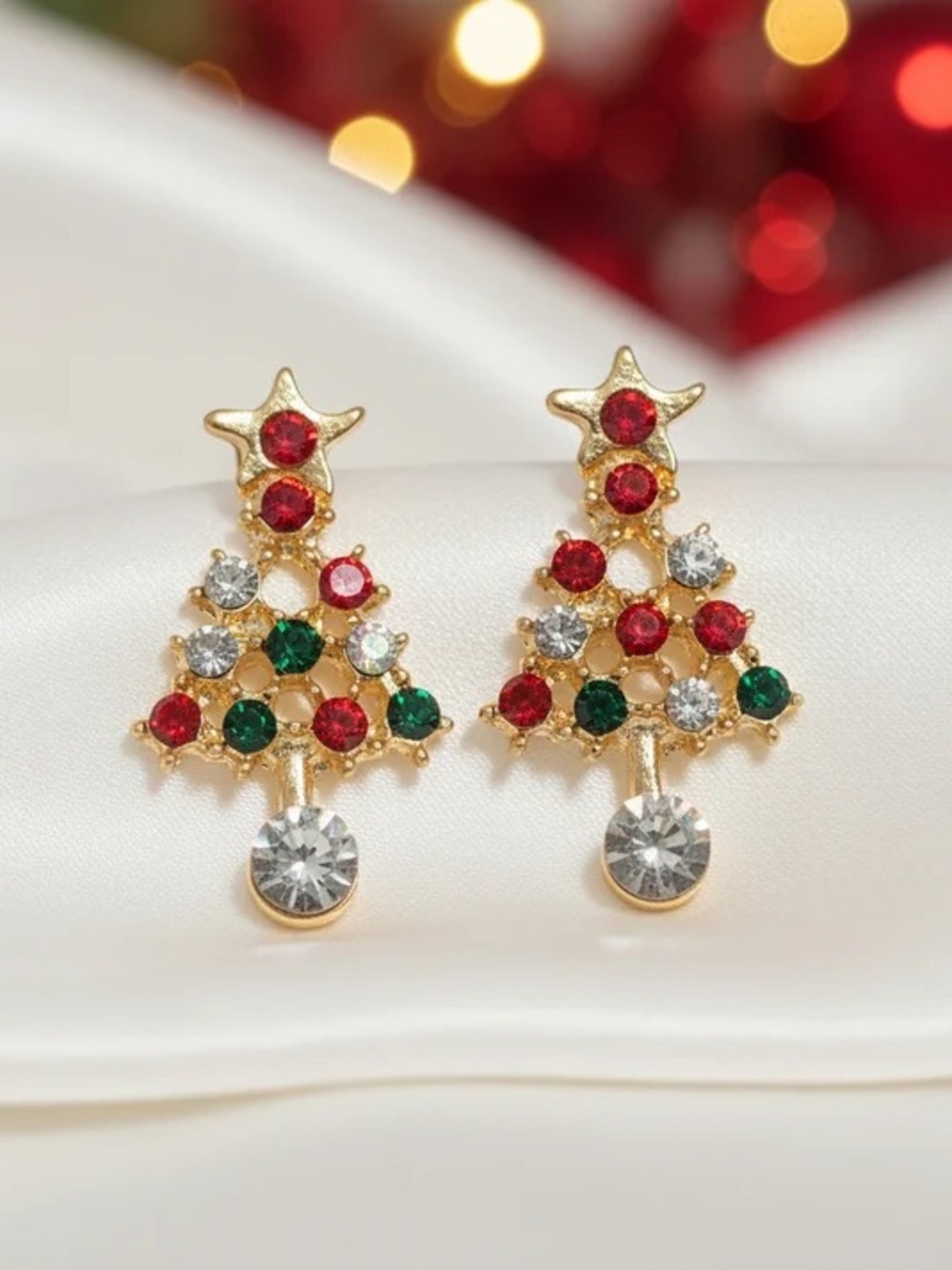 Gold-Tone Christmas Tree Stud Earrings with Red, Green & Clear Stones